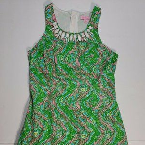 Lilly Pulitzer Green Pink Alligator Print Beaded Dress Size 4 Pink Label scallop
